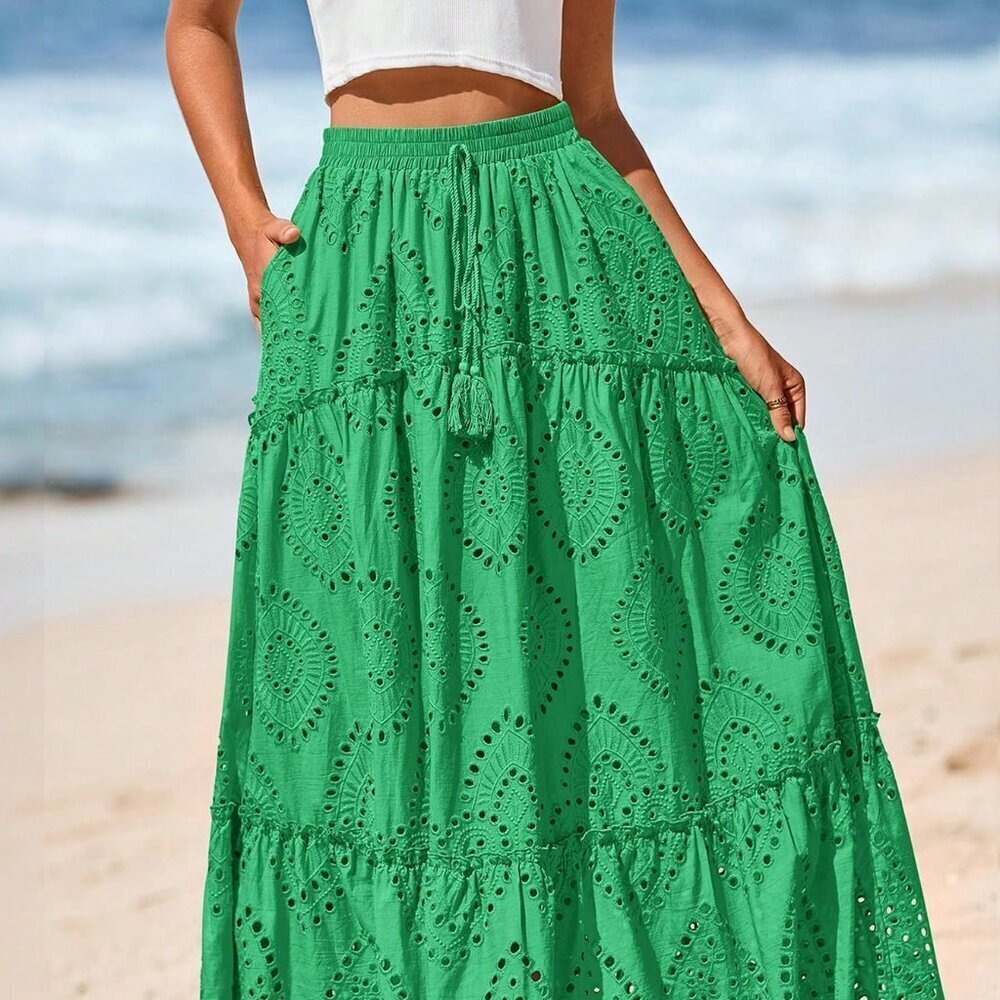 Green Boho Women's Lace Maxi Skirt